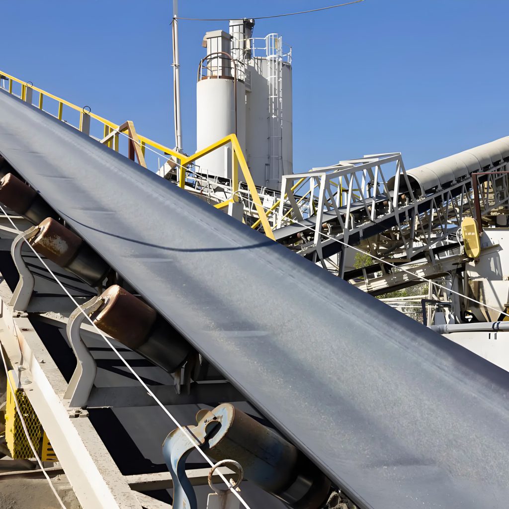 A conveyor belt is moving downwards, demonstrating the efficient process of material transportation