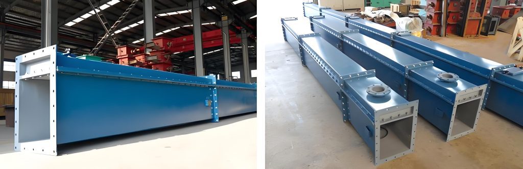 A blue air slide conveyor is placed on the factory floor, demonstrating advanced industrial technology