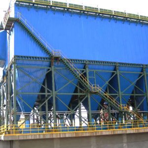 Blue steel structure with a ladder atop, serving as a Rotary Kiln Tail Bag Dust Collector in an industrial setting.