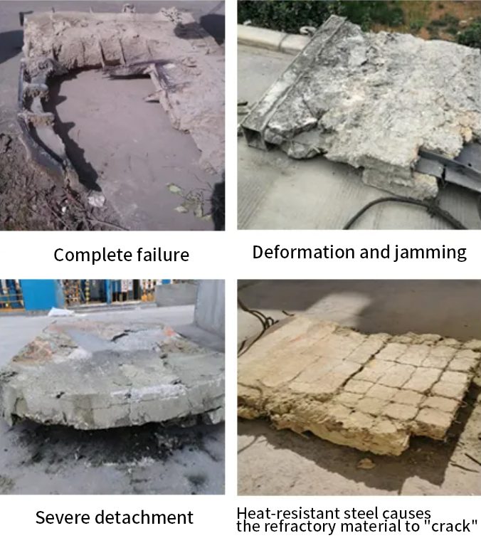 Series of four images depicting the process of concrete repair, showcasing damage types in heat-resistant steel dampers.