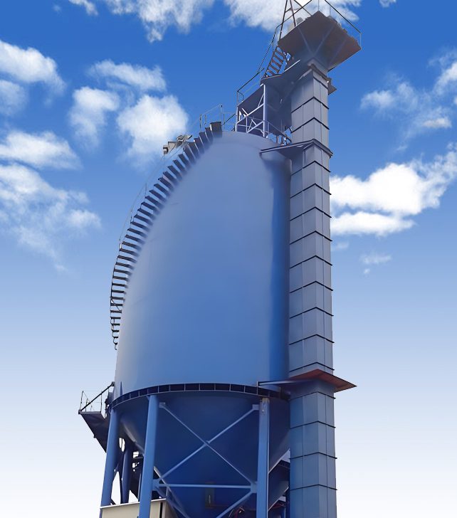 Vertical bucket elevator system for lifting bulk materials, highlighting the conveyor mechanism and bucket arrangement