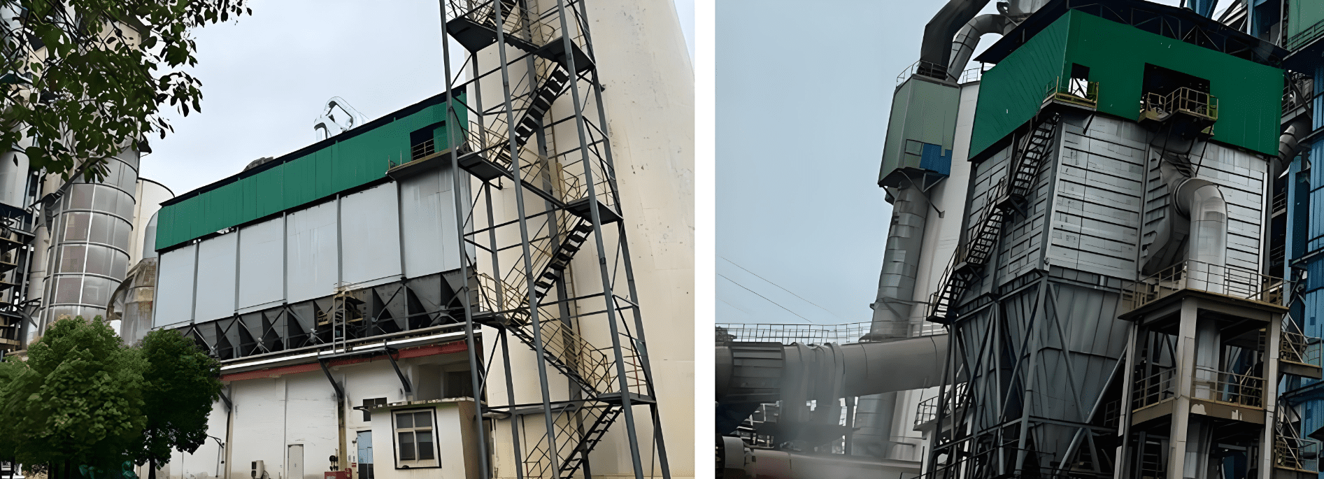 The dust collector features a robust design with large filtration units, positioned outdoors next to the industrial facility for easy maintenance.