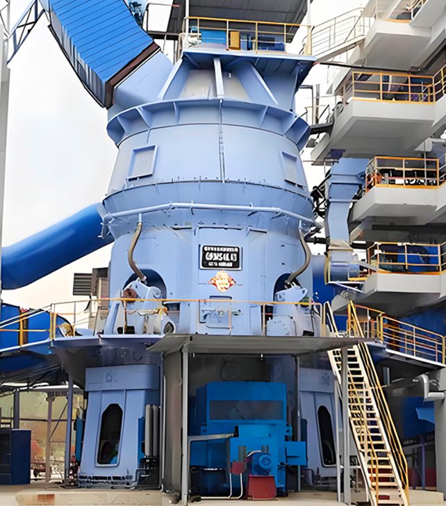 Wide view of a vertical cement mill in operation, highlighting the grinding process and surrounding equipment in an industrial environment