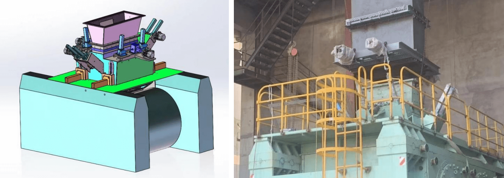 Two images showing a roller press and a machine with a crane, showing the application of industrial equipment.