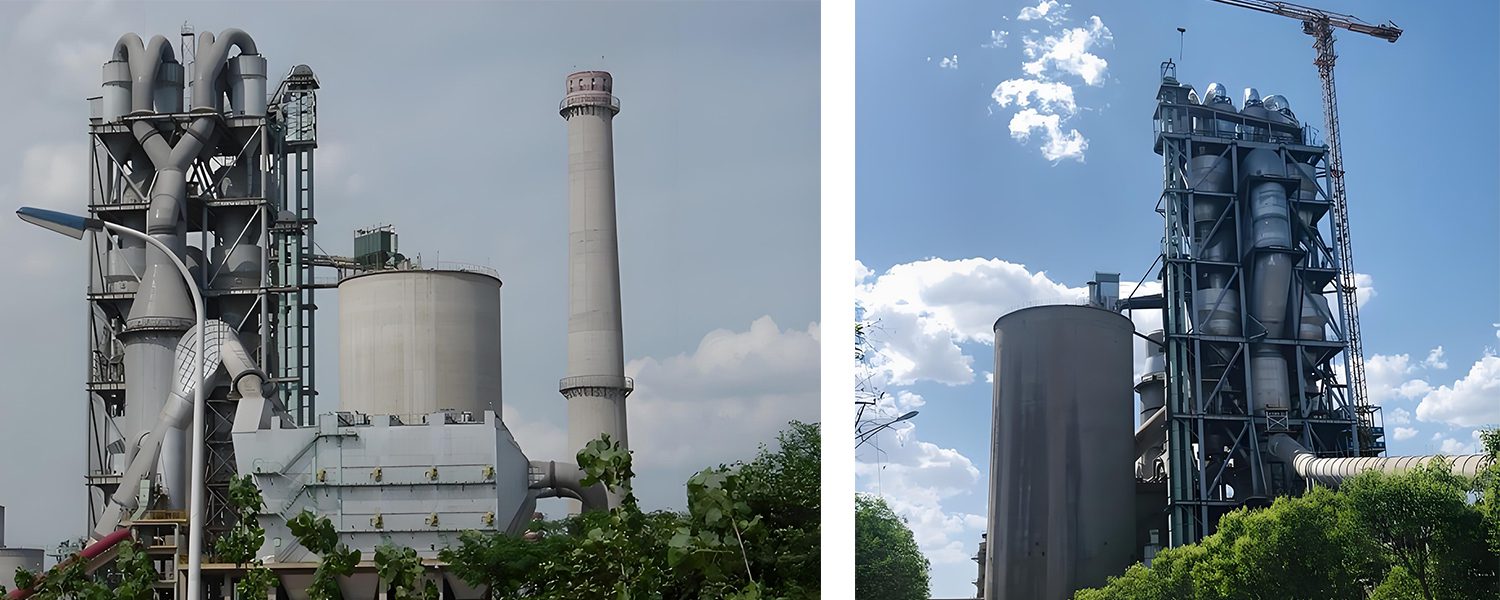 Two pictures from a cement plant showing the working scene of a cement kiln preheater.