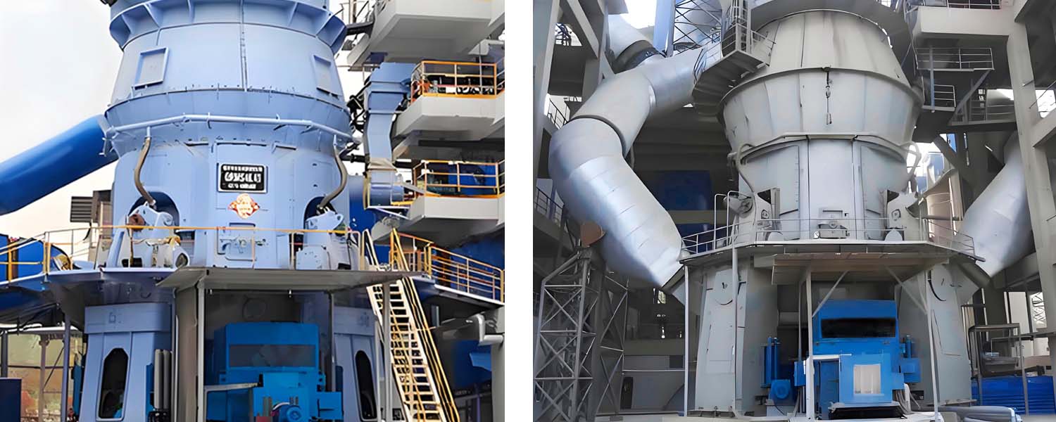 Two combined scenes of a vertical roller mill, showcasing its operational setup and components in a cement production environment.