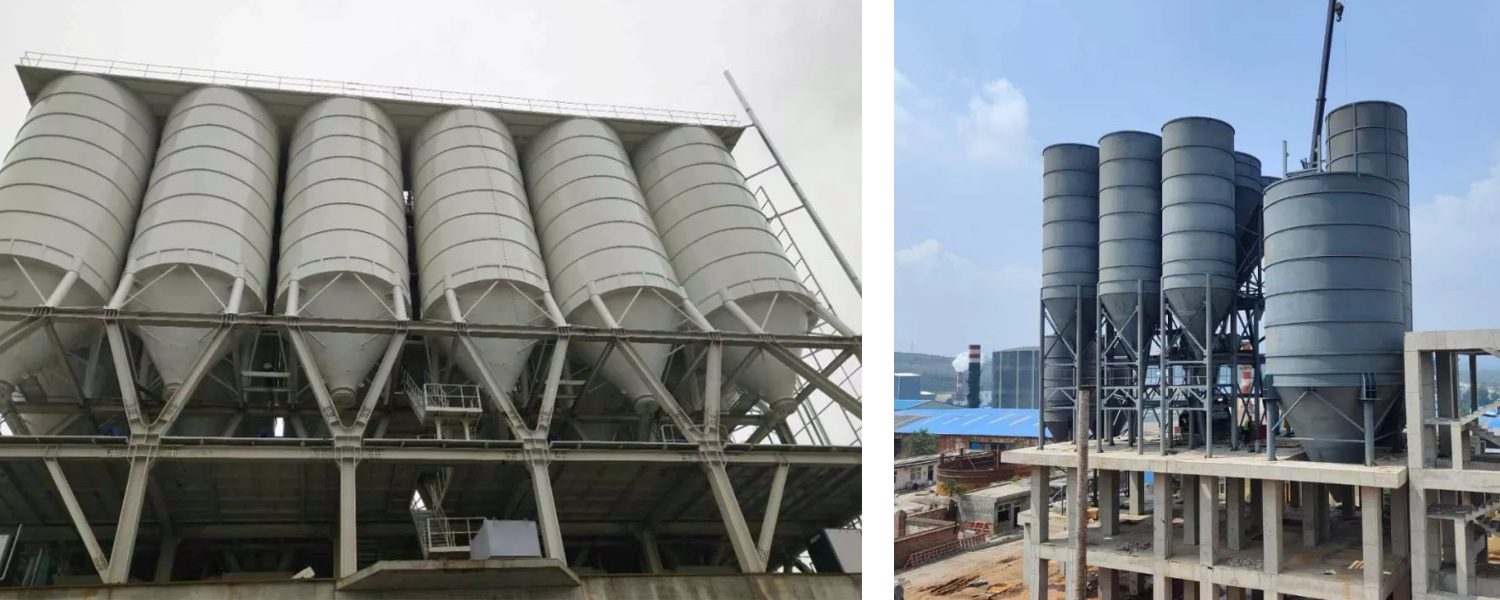 Two images of a cement factory showing different types of cement silos, highlighting the diversity in its production process.