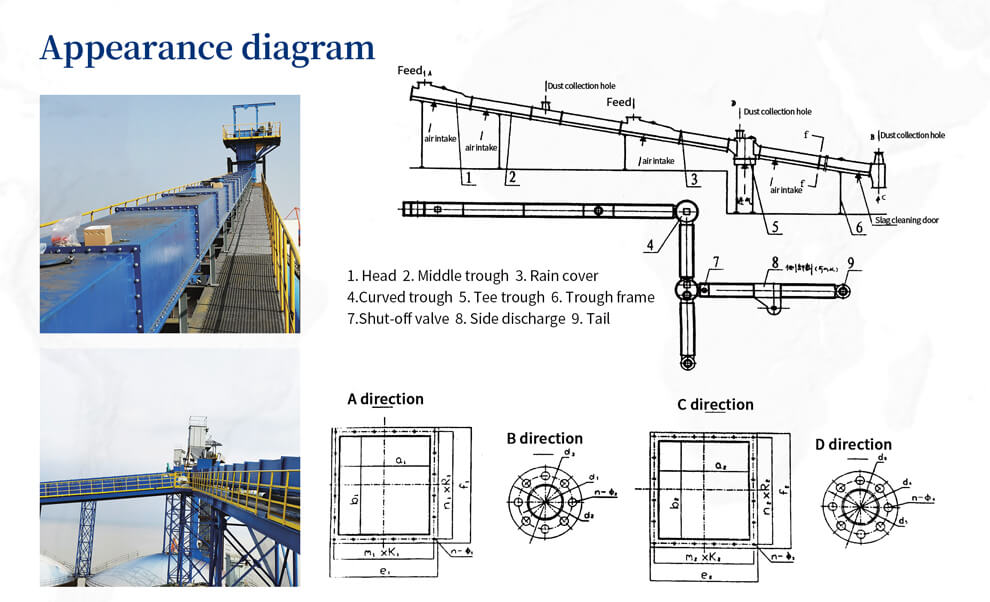 The Darjo air slide conveyor features a sleek metal design, complemented by technical drawings detailing its dimensions and efficient material handling capabilities.