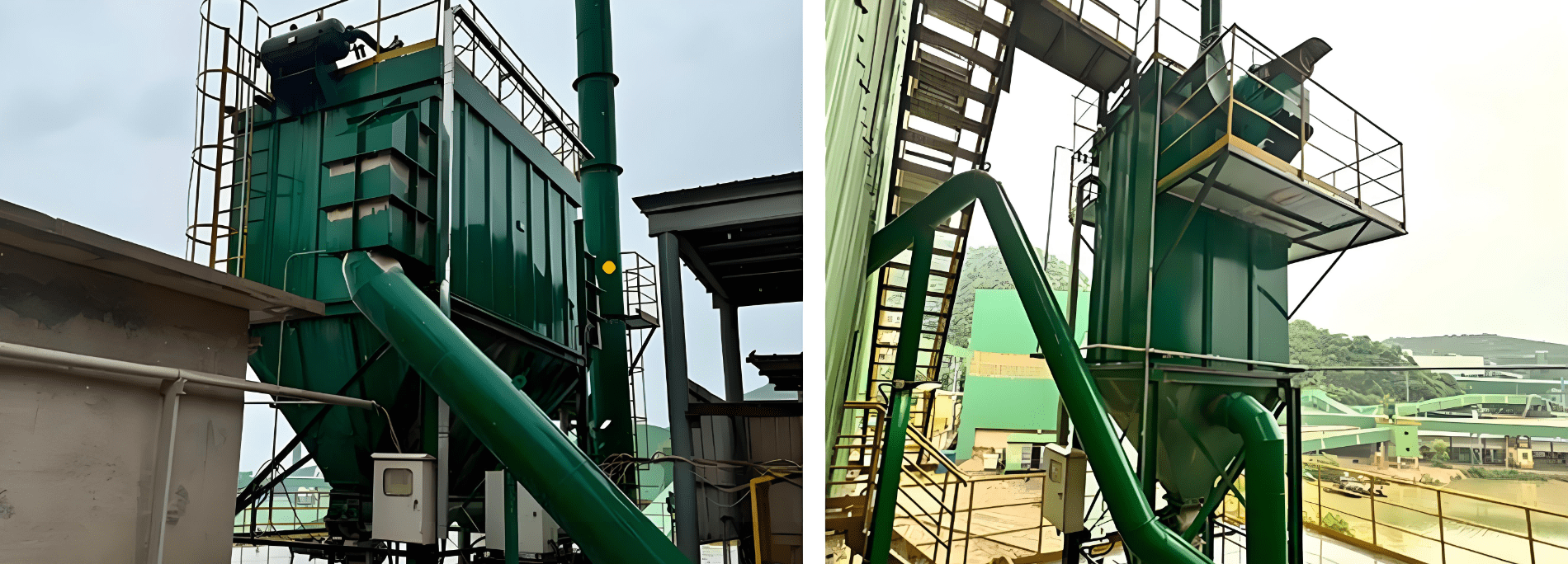 Two views of a green building with a ladder atop, highlighting the details of the dust collector project.