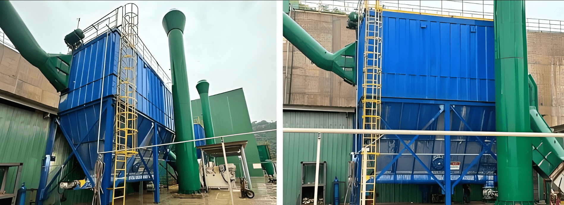 Two photographs of a large industrial facility, including a ladder, focusing on the details of the dust collector project.