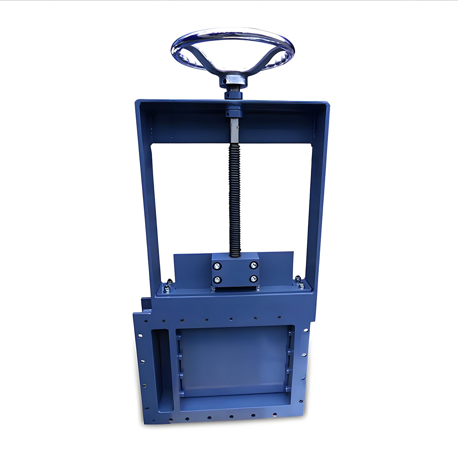 A blue hydraulic machine with a handle, specifically designed for the manual control of a gate valve system.