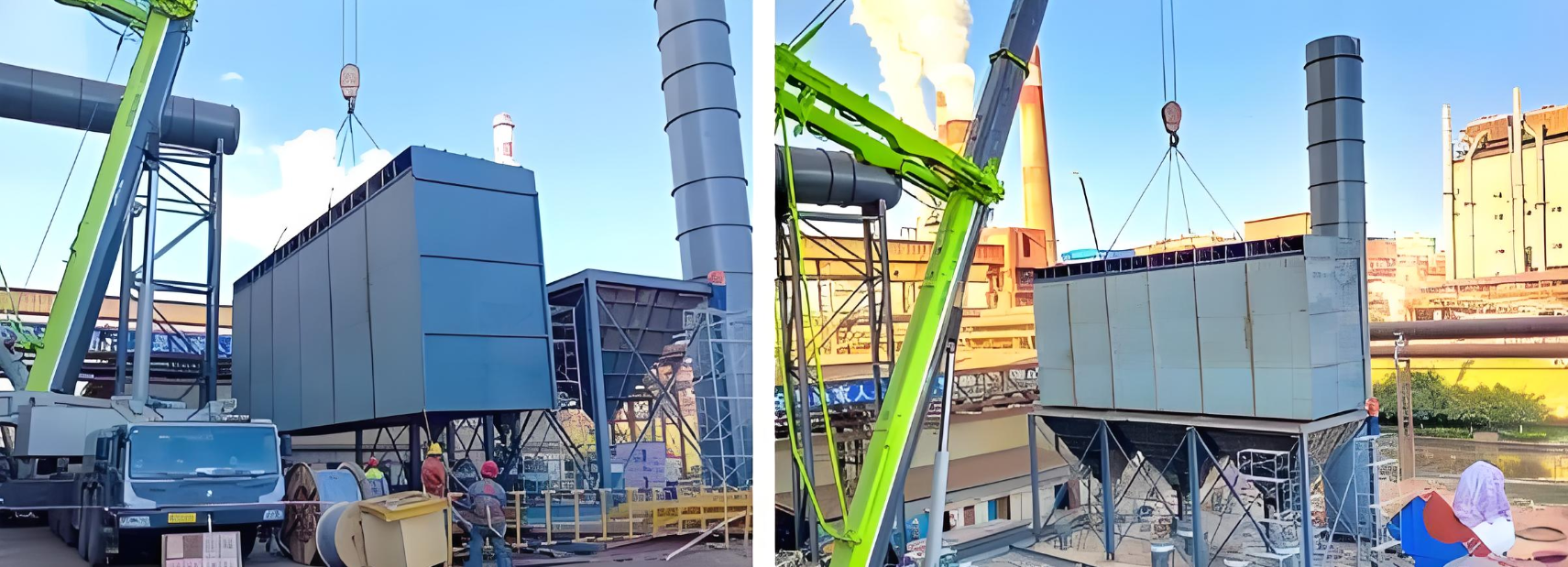 In the factory, a crane lifts a special cement dust collector, and workers supervise the work to ensure that it is installed in place.