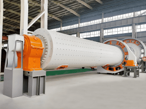 A large cement ball mill operating in a factory, showcasing its industrial design and machinery for grinding materials.