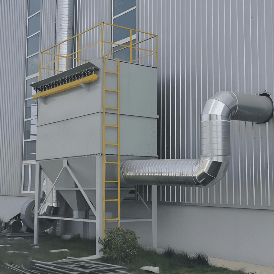 A large industrial building featuring a prominent pipe and ladder, equipped with a pulse-jet bag filter for efficient filtration.