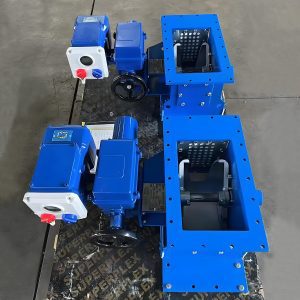 2 blue Motorized flow control gates placed on a pallet