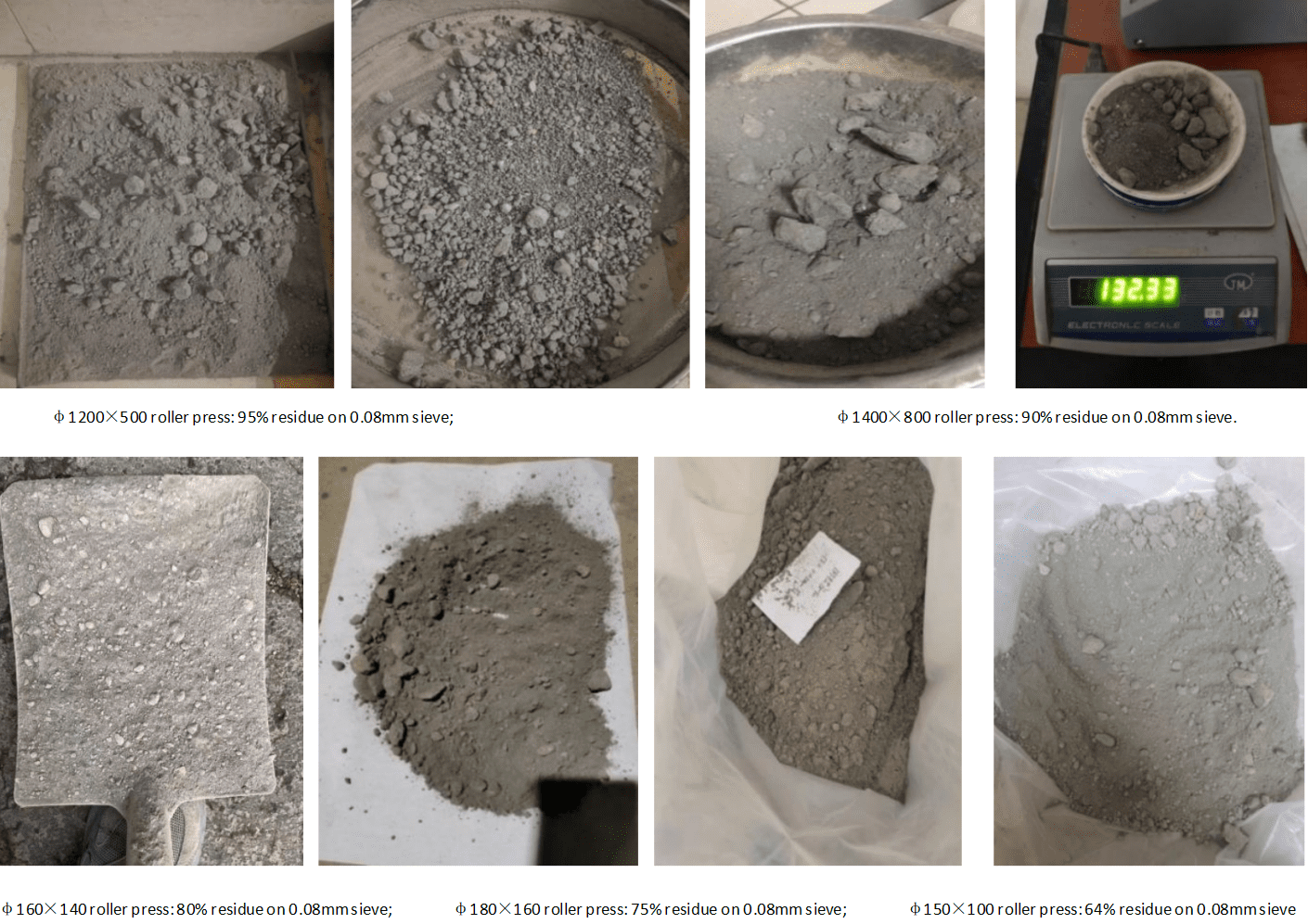 A series of images showing different types of cement, emphasising the effectiveness of the pressing process and the importance of fines content.