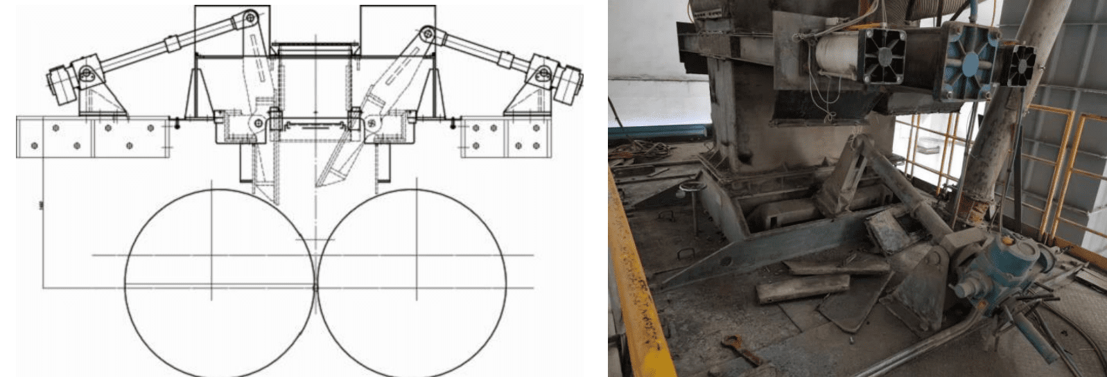 Two images show a machine and its design drawing, highlighting the working principle and challenges of the roller press feeder.