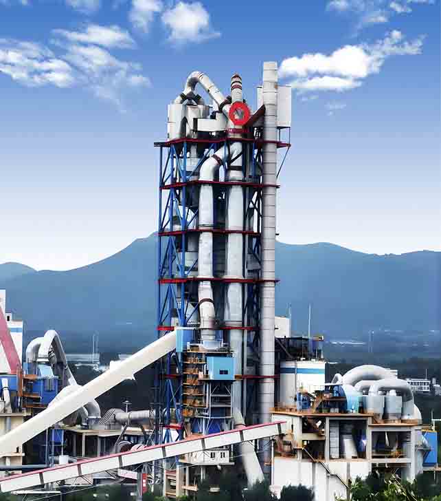 View of a cement preheater system in an industrial environment, highlighting the heat exchange process and integration with the cement production line