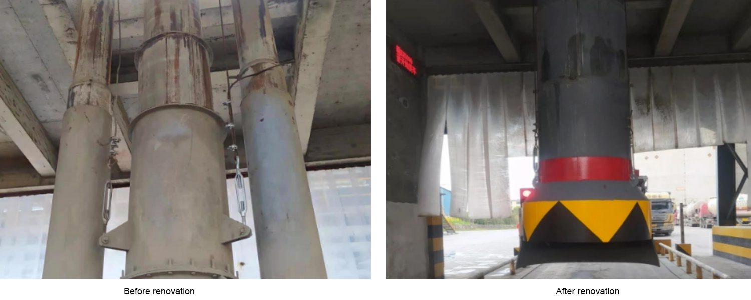 On-site photos of the clinker bulk loader before and after the structural improvement