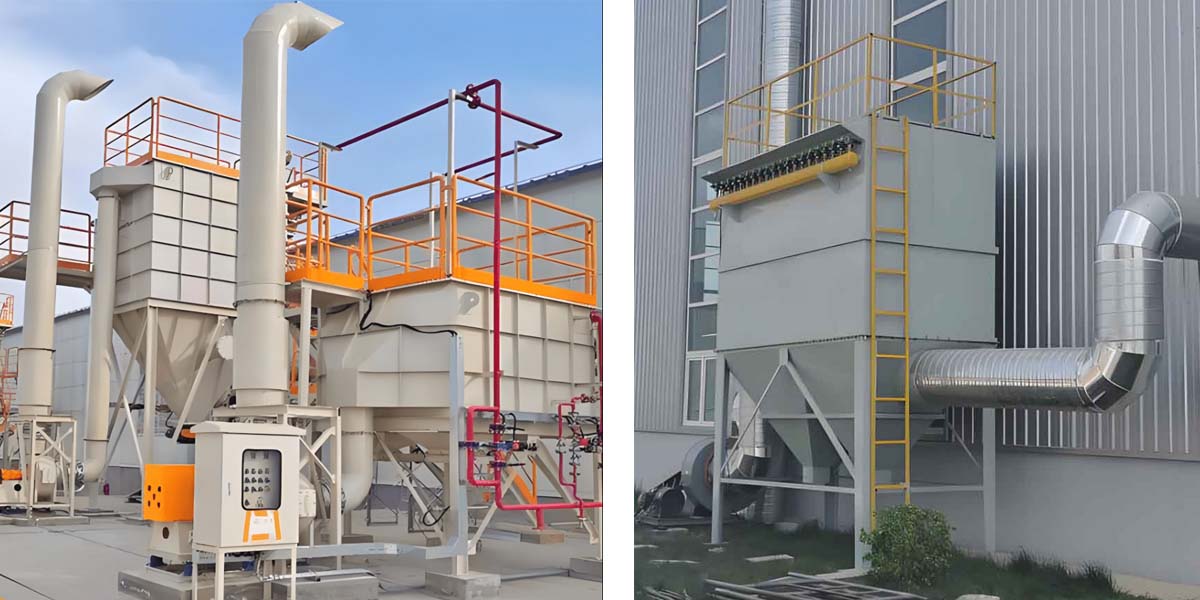 Two pictures of industrial equipment showing the structure and application of pulse bag dust collector