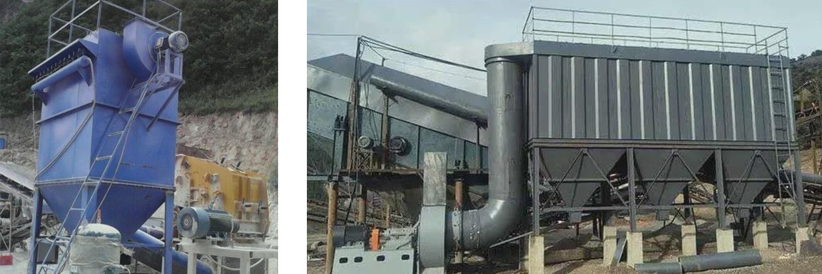 Two photos of dust collectors in a working environment, showing the structure and function of mining dust collectors.