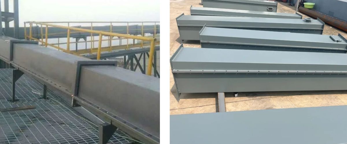 Two images showing the steel structure and metal tracks of the air chute conveyor, highlighting its engineering design.