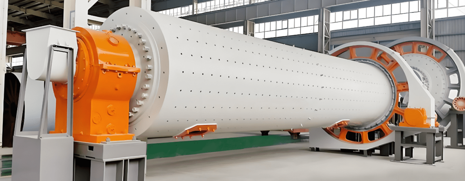 A large cement ball mill operating in a factory, showcasing its industrial design and machinery for grinding materials.