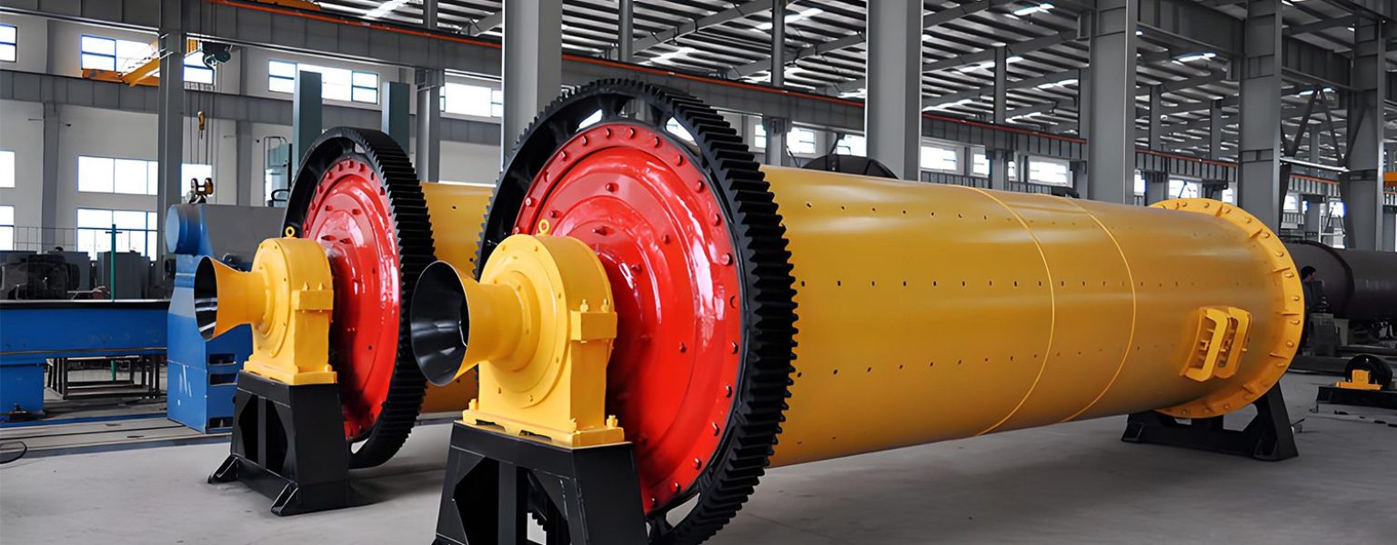 The cement ball mill in the factory has huge equipment and an orderly surrounding environment, demonstrating the advanced technology of industrial production